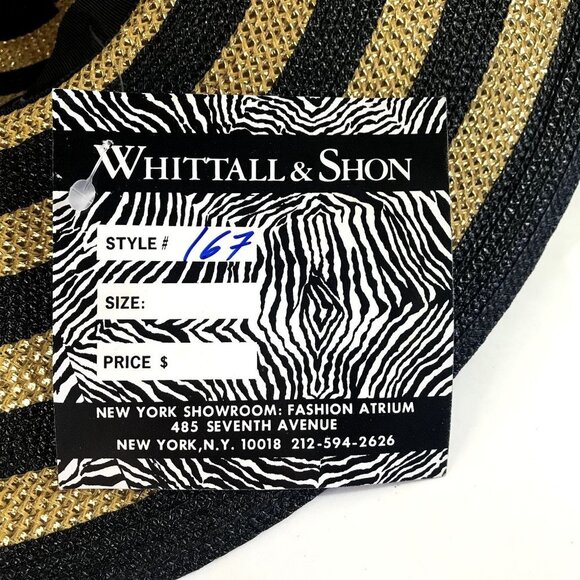 Vintage NEW Whittall & Shon Gold/Black Striped Wide Brim Straw Hat